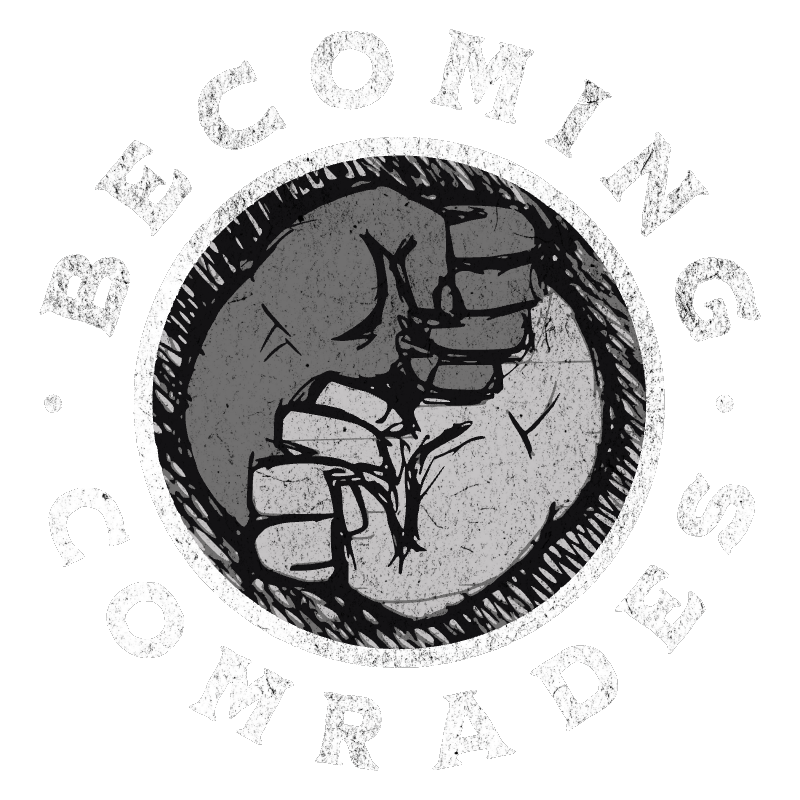 Becoming Comrades logo : two fists of different colors merged together in a yin yang style.